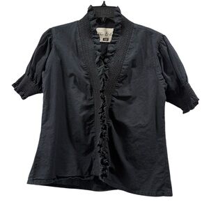 Fox & Hen Black Ruffle Trim Snap Front Blouse Top Size XS